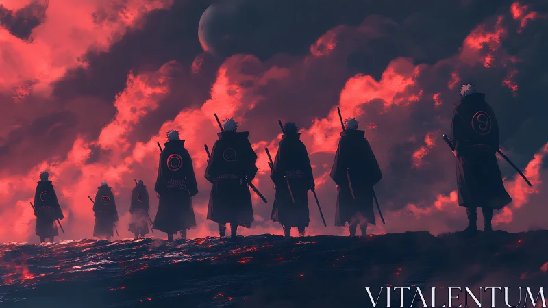 Silhouetted sword bearers traverse crimson storm horizon