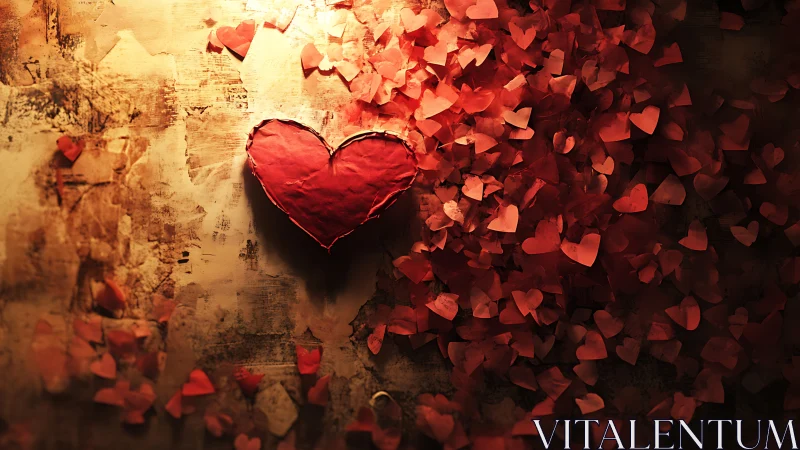 Dimensional Crimson Heart with Cascading Paper Hearts Against Distressed Golden Surface