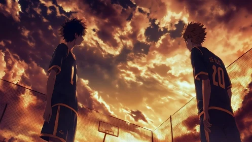 Sunset-lit anime court duel with silhouetted volleyball rivals.