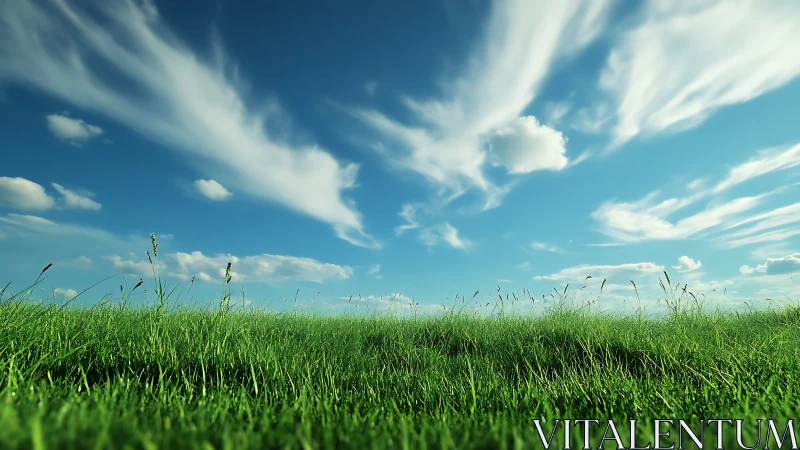 Low-angle grassy meadow under cirrus cloud streaked blue sky