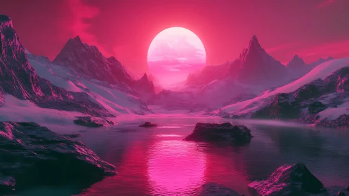 Radiant pink supermoon rises over surreal icy peaks.