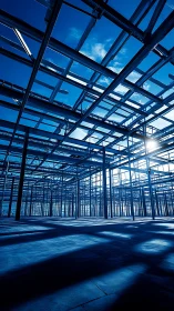Steel structural framework in large empty industrial hall.