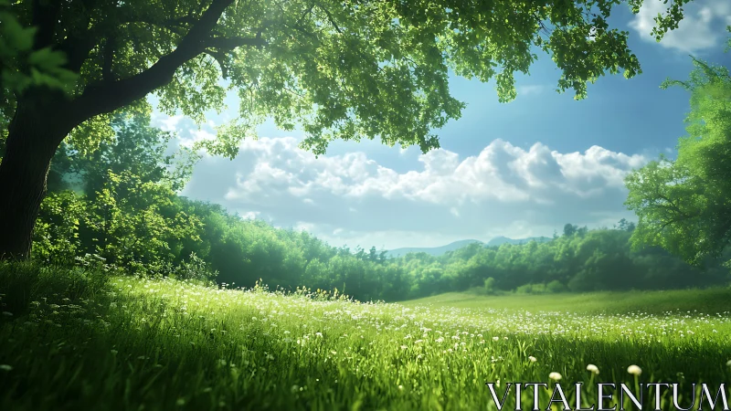 Sunlit meadow hush beneath a generous summer canopy.