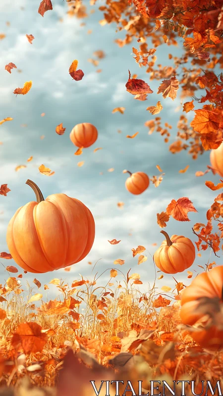 Floating pumpkins drift through a golden, windswept autumn field