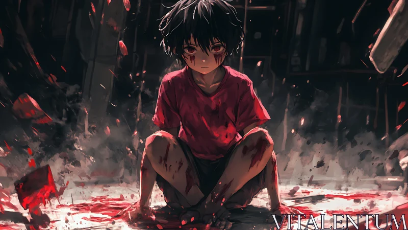 Bloodstained child sits on floor amid shattered red debris