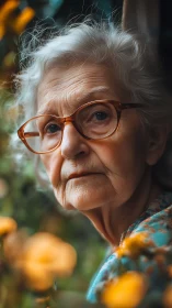 Portrait shows elderly woman with glasses in shallow focus outdoors