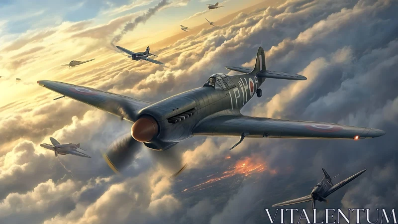 Storm-grey Spitfires carve bright contrails through burning dusk