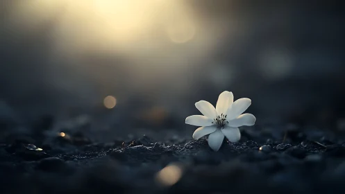 White flower emerges from dark soil with atmospheric bokeh lighting