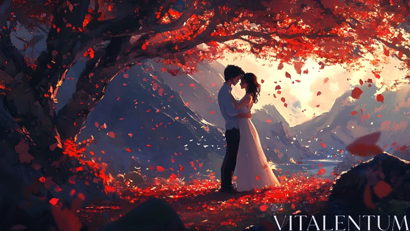 Romantic couple beneath luminous red foliage in digital landscape composition