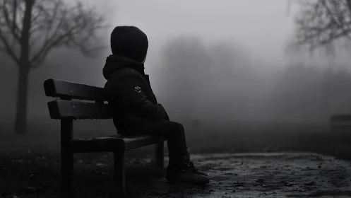 Quiet child on a foggy park bench in soft grayscale stillness.