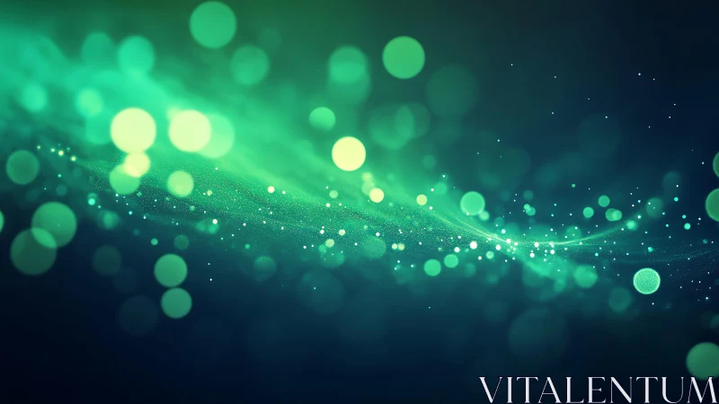 Abstract green bokeh lights with glowing wave on dark background.