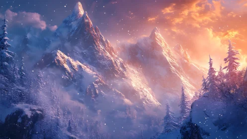 Winter mountain peaks under blazing sunset sky glow.