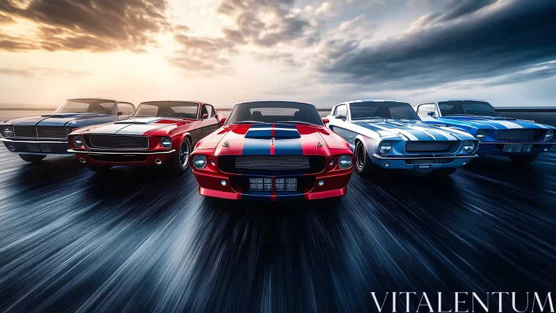 Classic muscle cars racing together under dramatic skies.