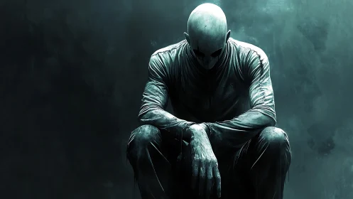 Brooding faceless figure sunk in shadow-drenched stillness.