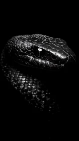Close-up black snake head in dramatic low key lighting.