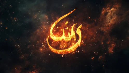 Arabic calligraphic glyph rendered in fiery digital field.