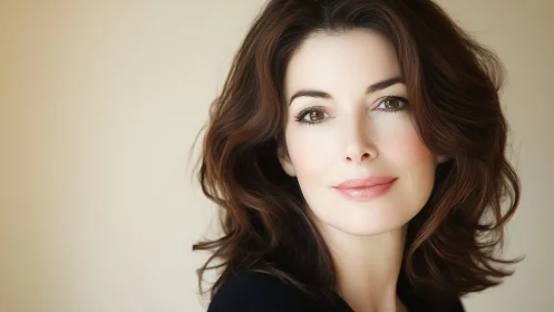 Warm-eyed brunette in soft daylight, framed by quiet glow.