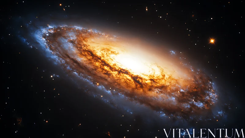 Spiral galaxy core burns with vivid orange dust and blue stars