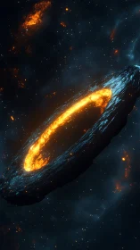 Volcanic torus asteroid with molten core drifting through nebular void