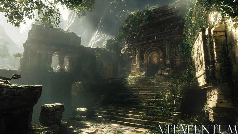 Sunlit jungle temple ruins cradle a mossy forgotten doorway.