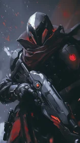 Armored sci fi soldier aims rifle with glowing red accents