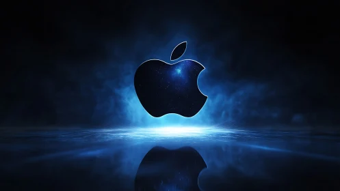 Luminescent cosmic apple emblem with reflective plasma horizon.