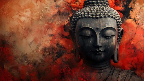Serene Buddha statue rests amid fiery abstract textures