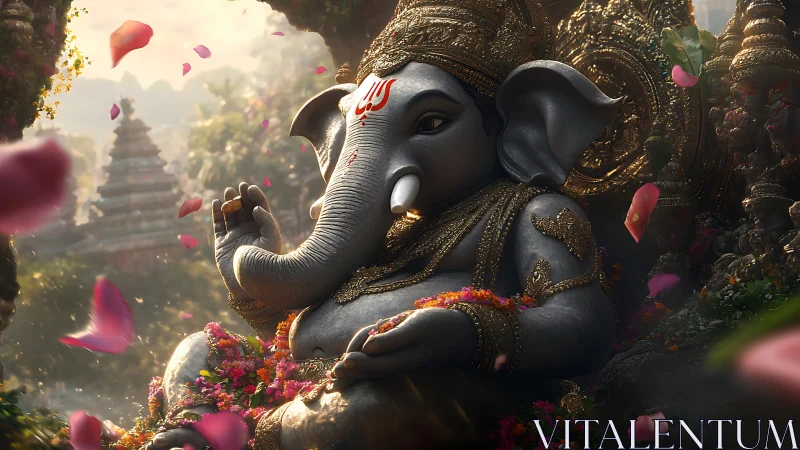 Digital Ganesha deity statue amid petals and temple backdrop.
