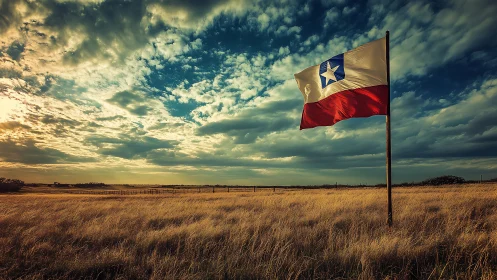 Lone star flag ripples above golden prairie at sunset