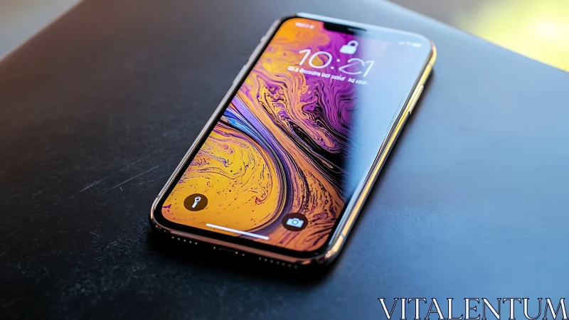 iPhone XS Max on Dark Surface with Vibrant Marble Wallpaper