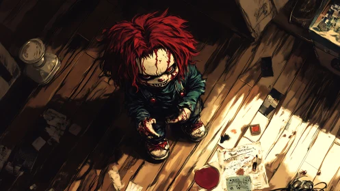 Overhead study of sinister doll on distressed wooden floor