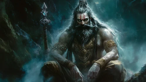 Mythic warrior ascetic rendered in atmospheric digital chiaroscuro