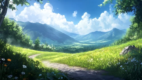 Luminous mountain valley path under volumetric summer sky.