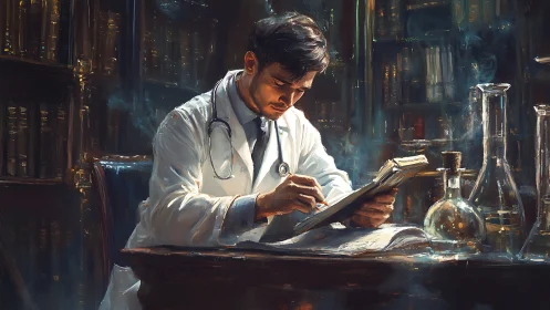 Doctor in vintage lab studies notes amid glassware and books.