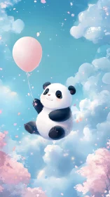 Panda drifting through cotton candy clouds with pink balloon.