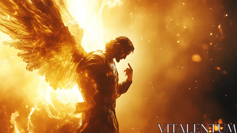 Radiant fiery angel stands in blazing golden celestial light