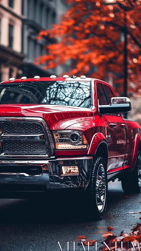Red heavy-duty pickup truck on wet city street in autumn