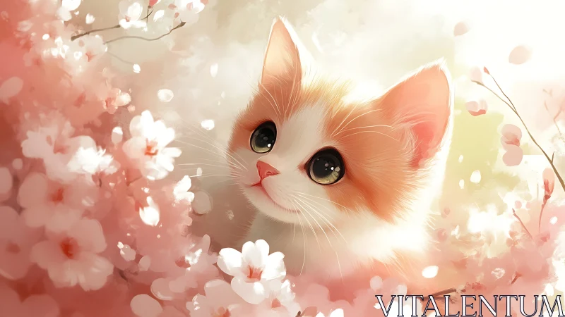 Ginger and White Cat with Pink Blossoms