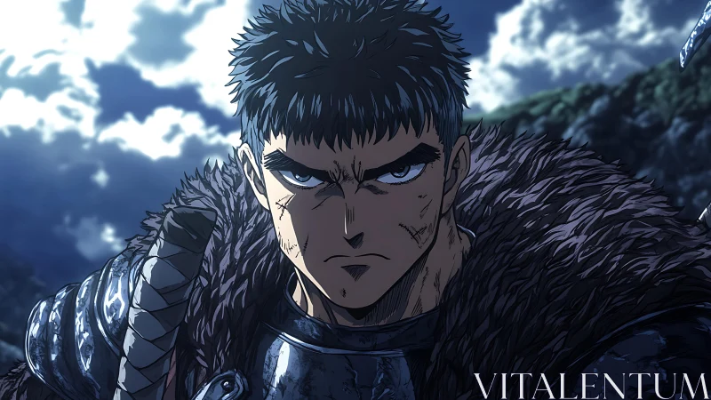 Battle-hardened swordsman in fur mantle under stormlit sky