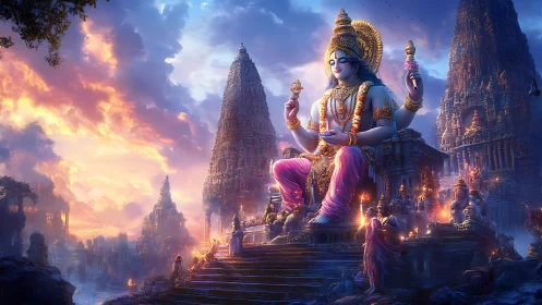 Divine deity statue amid illuminated temple complex at dusk.