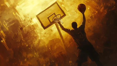 Golden-hued basketball dunk scene captures peak motion and energy.