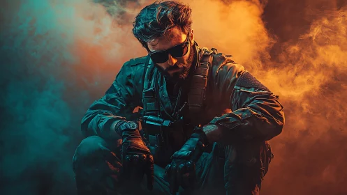 Brooding tactical hero in teal and ember battlefield haze.