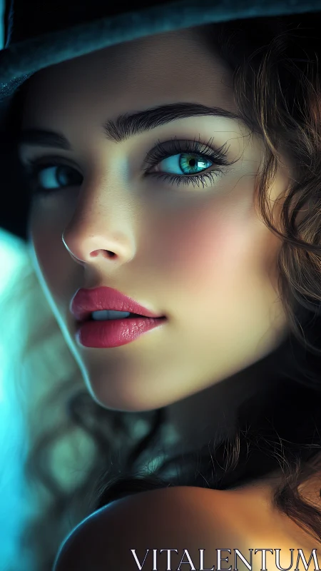 Digital portrait of woman with teal eyes and cinematic glow.