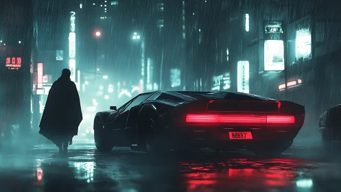 Cyberpunk rain-soaked street with neon sports car and lone figure.