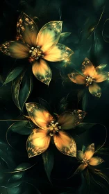 Golden blossoms glow softly against a deep emerald night