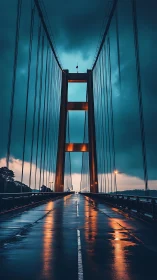 Nocturnal suspension bridge corridor with reflective wet deck.