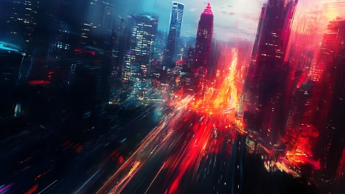 Neon cyberpunk skyline with blazing motion trails at dusk.