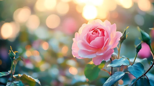 Pink Rose in Soft Light with Blurred Background.