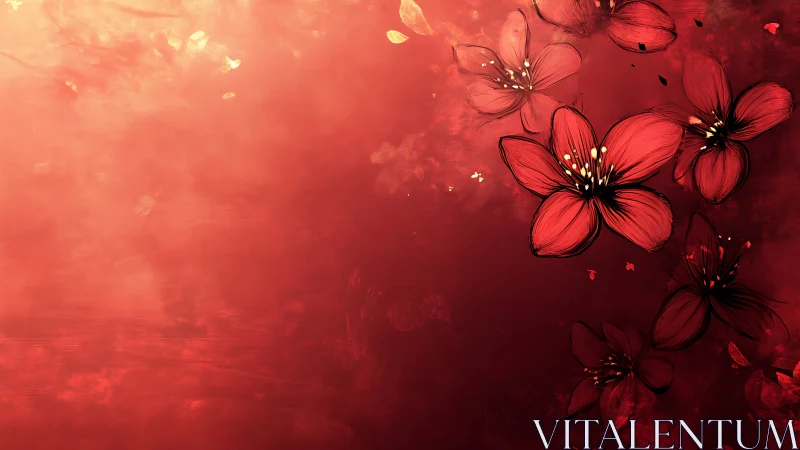 Red Florals with Golden Accents Against Deep Crimson.