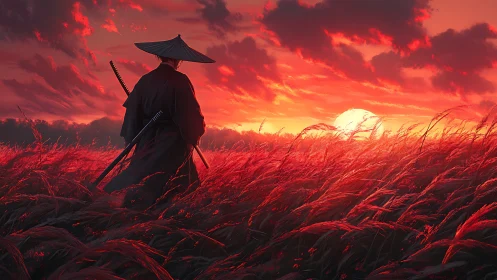 Samurai silhouette stands in red grass field at sunset